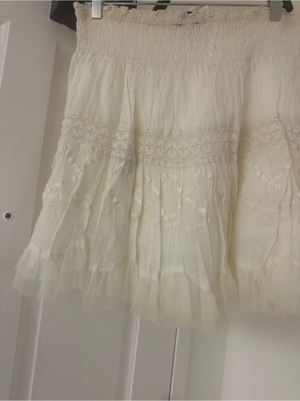 Light Cream Tiered Lace Mini Skirt - Women's